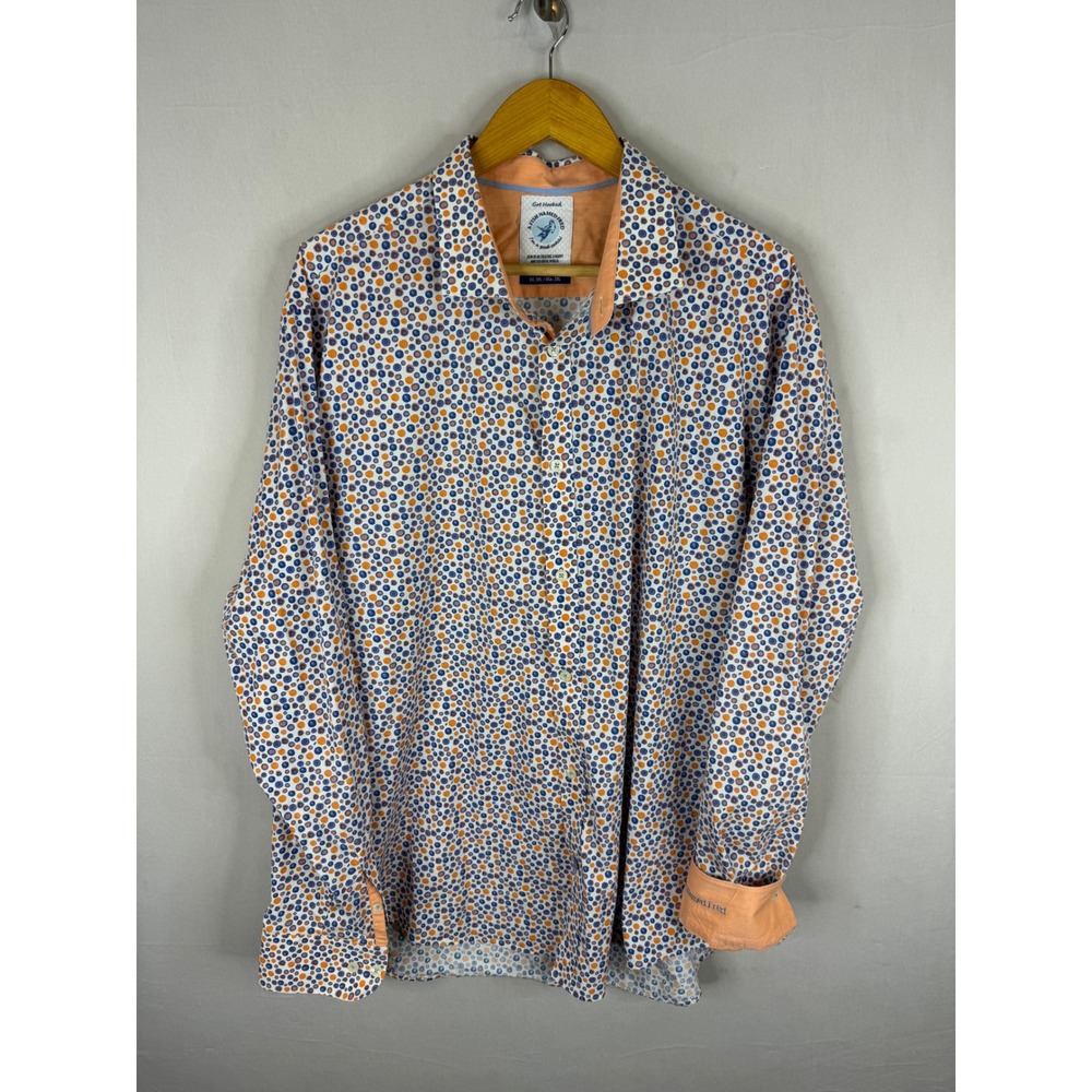 A Fish Named Fred Mens 2XL Blue Orange Dot Print Long Sleeve Button Down Shirt